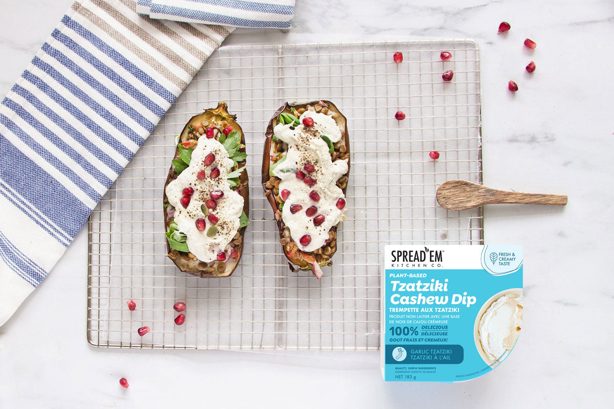Lentil Stuffed Eggplant With Tahini And Tzatziki &ndash; MILLSIE