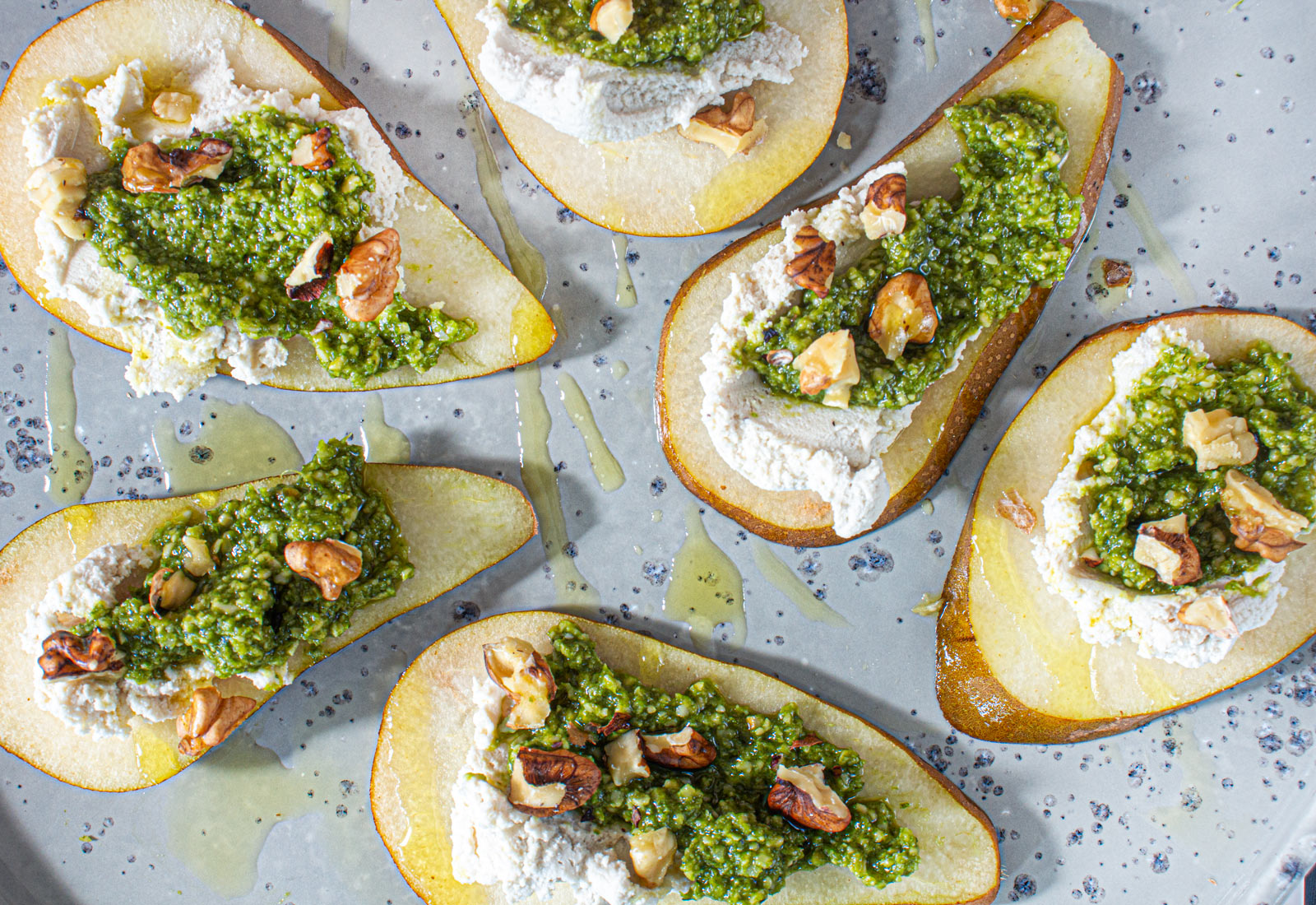 Pear, cream cheese and pesto appetizer